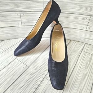 Salvatore Ferragamo Striped Suede Almond Toe Kitten Heels in Midnight Size 8.5